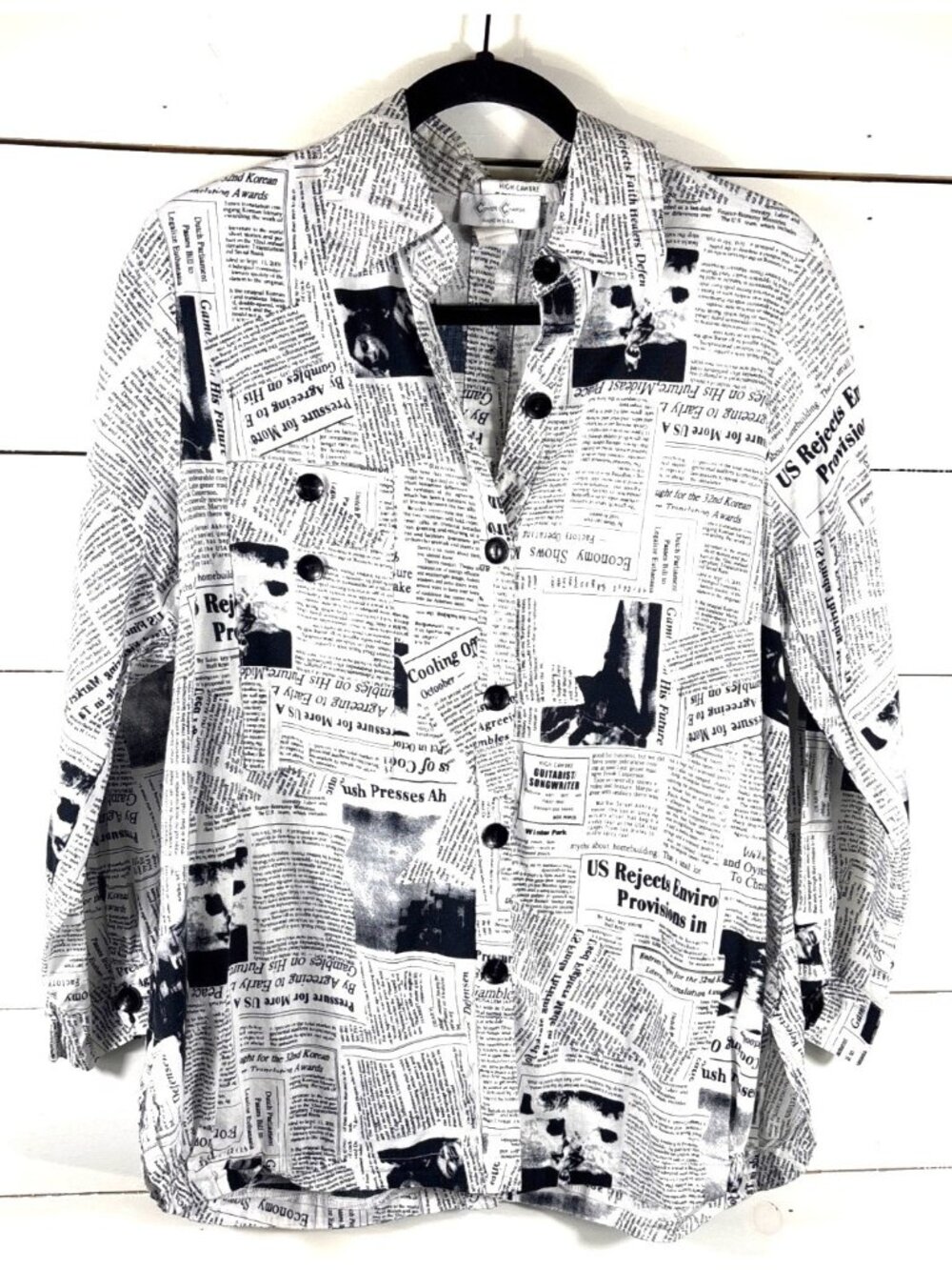 Vintage Cover Charge Womens Button-Up Shirt Black & White Newspaper Print M Made